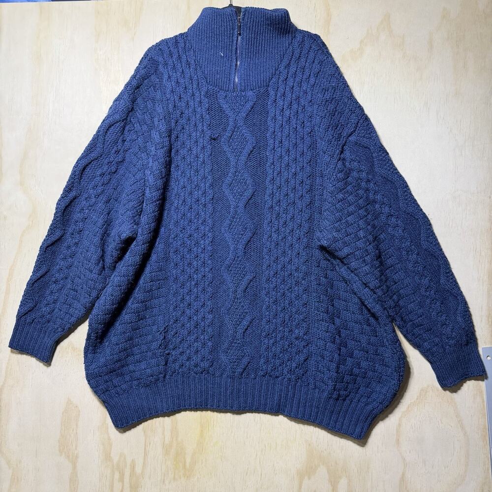 SAOL Ireland 100% Merino Wool Blue Cable Knit Quarter Zip Sweater Men 3XL